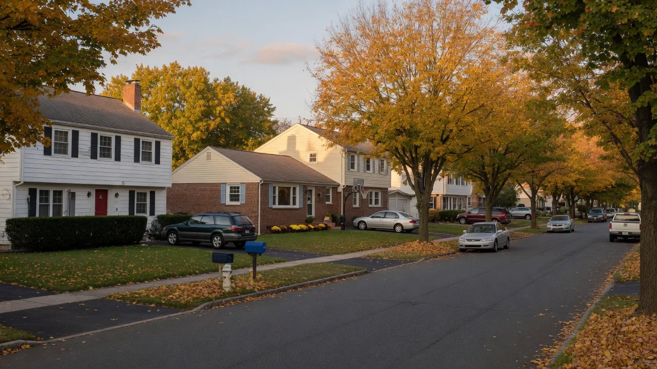 Tree-lined residential street in Cinnaminson New Jersey at golden hour with colonial and ranch homes