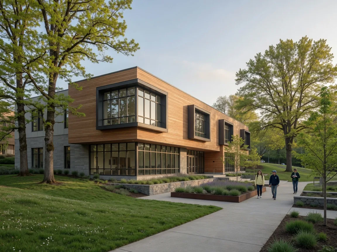 A modern public school campus in West Linn with warm wood and glass accents on landscaped green grounds
