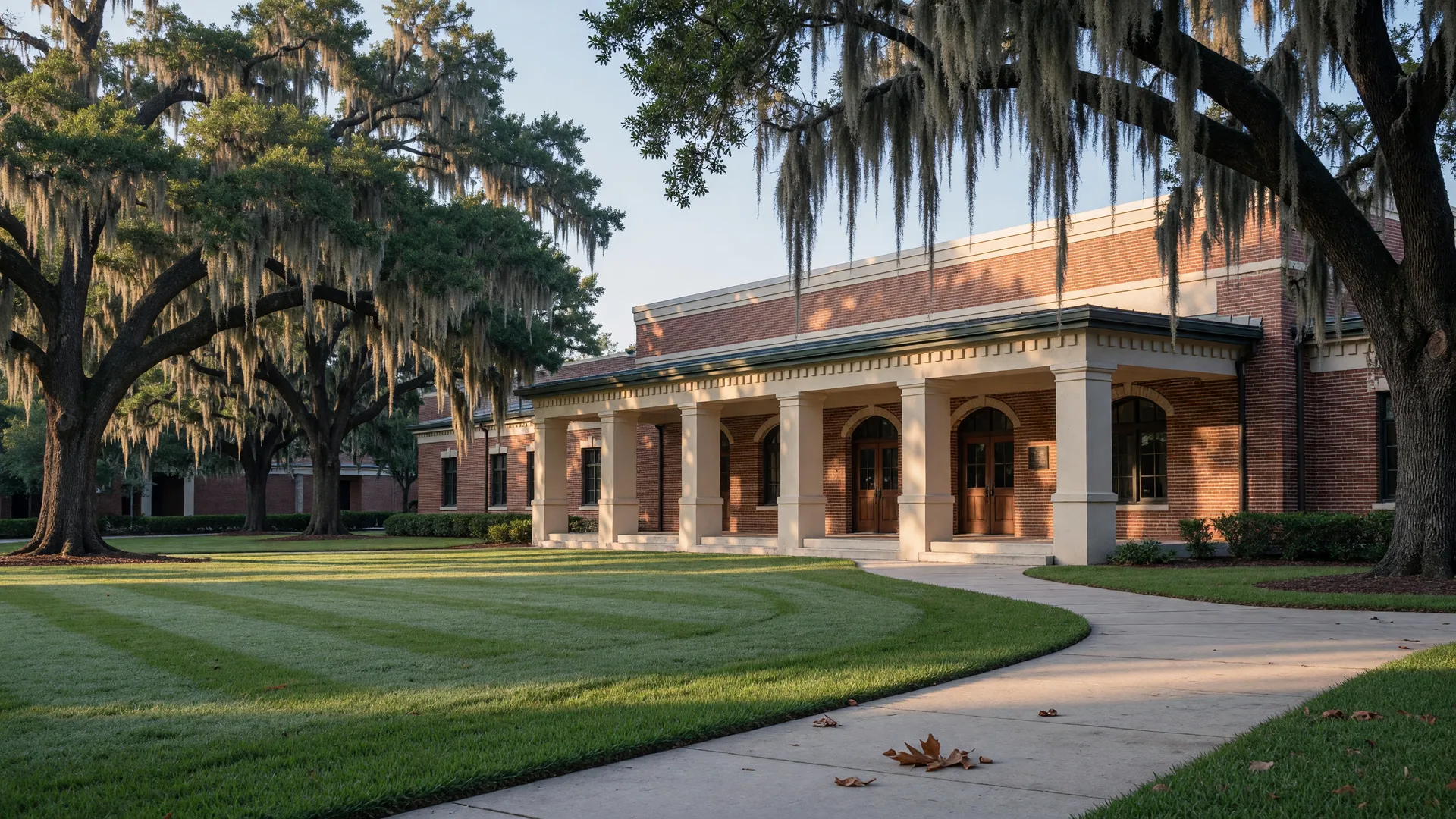 Elegant independent school campus with a brick portico behind a manicured lawn framed by live oaks