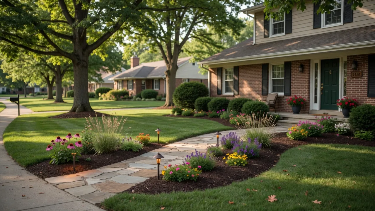 Beautifully landscaped suburban home in Northwest Indiana with a stone walkway, colorful perennial garden beds, and a dark green front door bathed in warm summer afternoon light