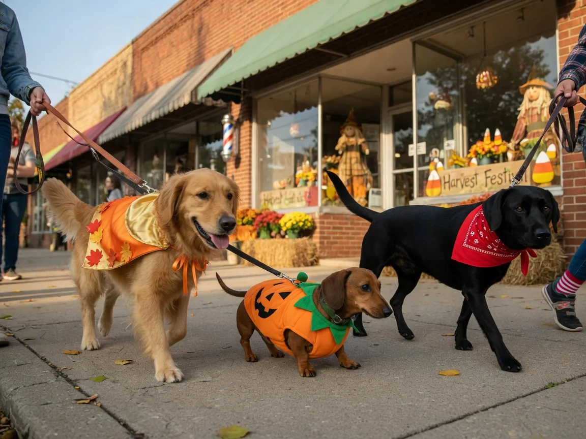 Three costumed dogs at a small-town fall pet parade: a golden retriever in a fall cape, a dachshund in a pumpkin costume, and a black lab with a red bandana