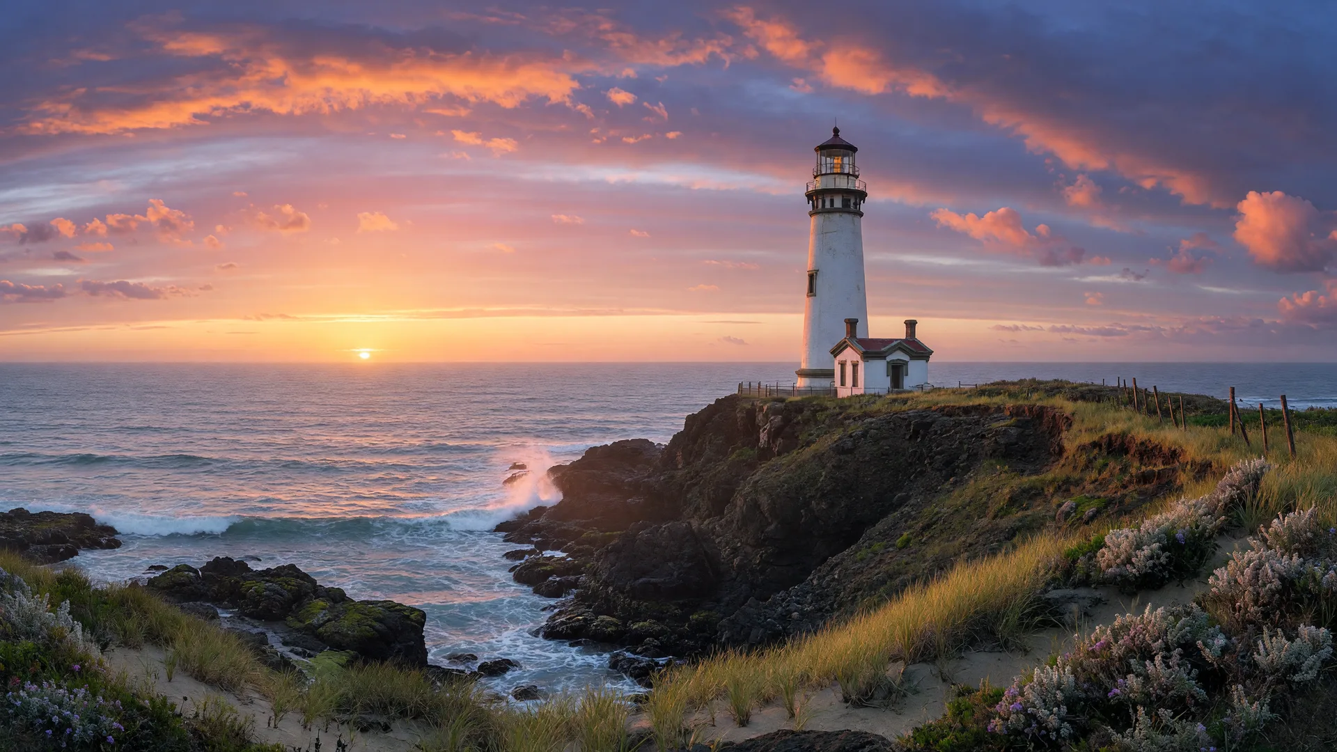 Oregon Coast lighthouse at golden sunrise