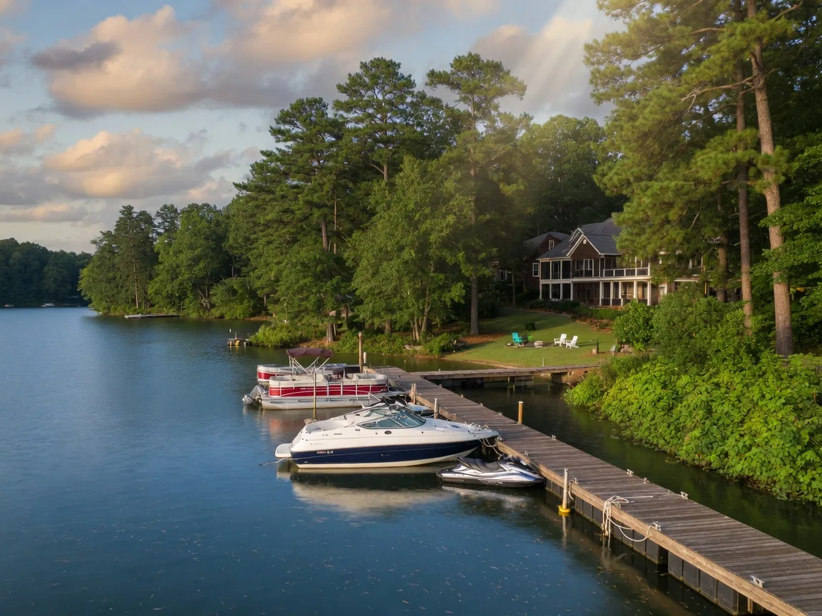Peaceful lakeside dock on Lake Lanier with boats moored and pine trees lining the shore