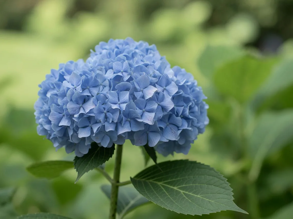 A single soft blue hydrangea flower head on a stem against a blurred green garden background