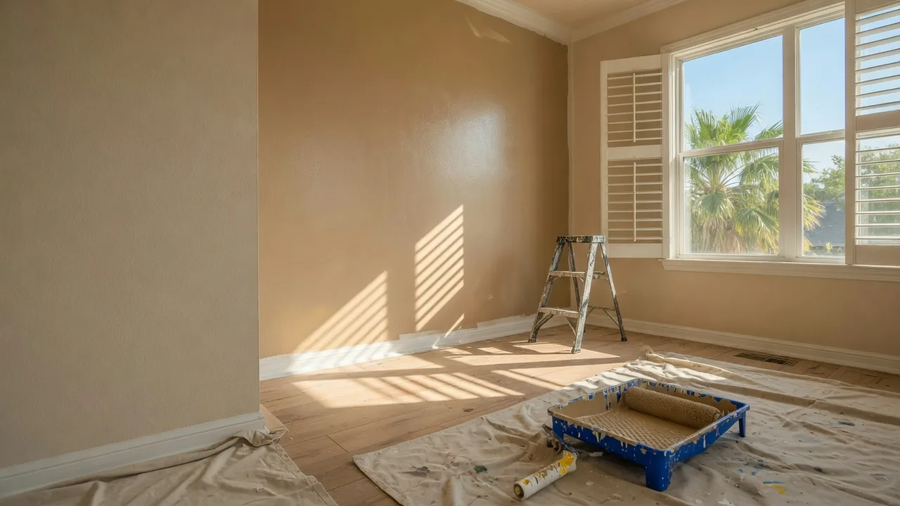 Interior painting in San Antonio: a freshly painted living room in warm sand tones with crisp white trim, a paint roller, tray, and stepladder resting on a canvas drop cloth in soft afternoon light