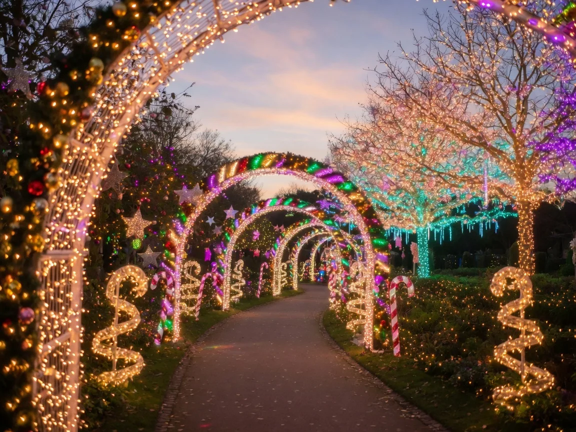 Glowing arches of holiday lights along the EmilyAnn Trail of Lights path