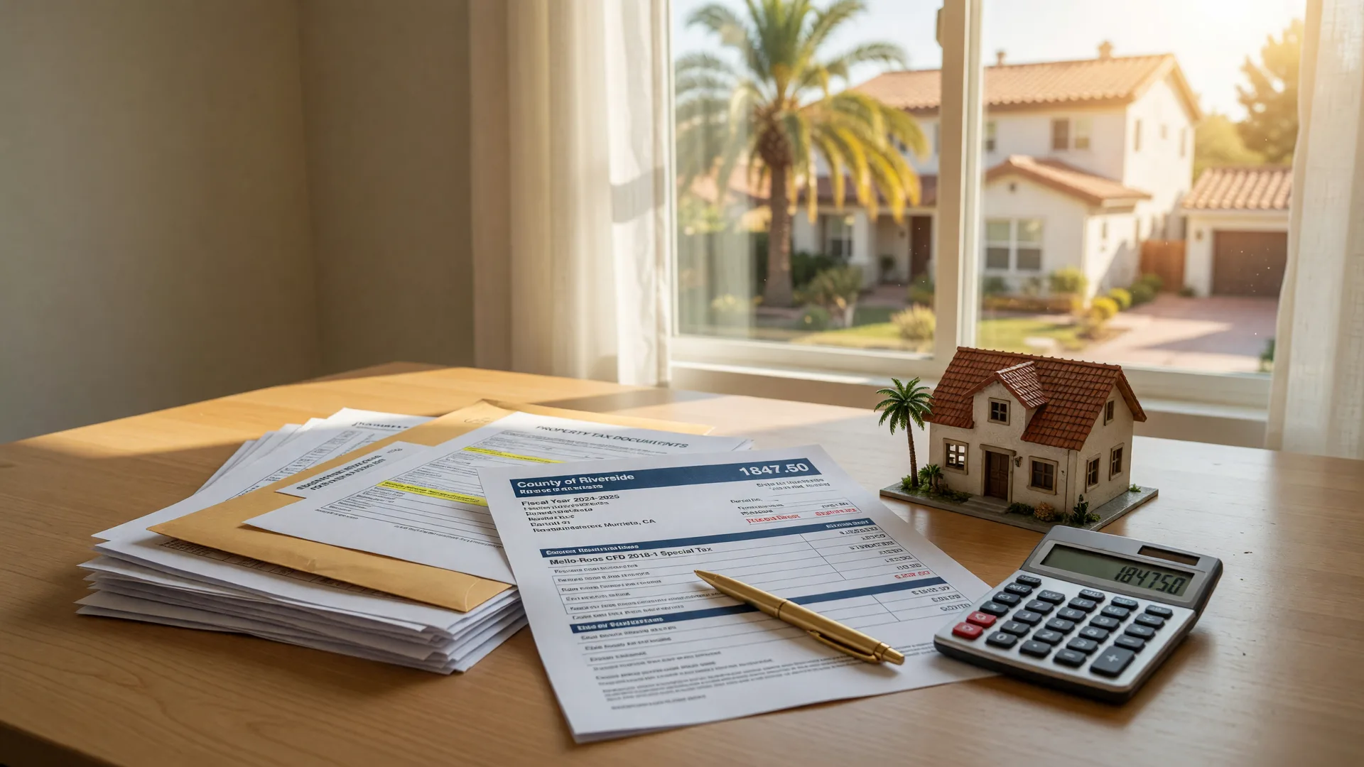 A stack of homeowner documents and an open property tax statement on a sunlit table with a gold pen, calculator, and wooden model house, with a California home blurred in the window behind