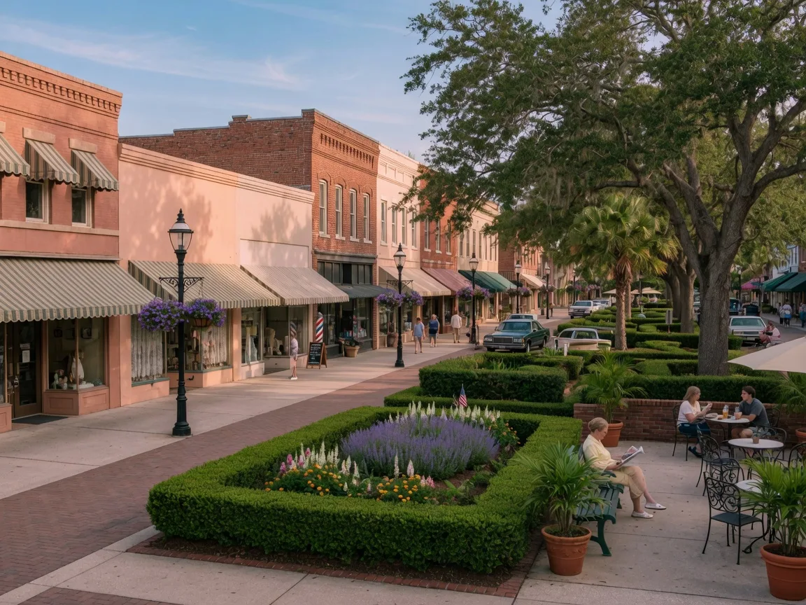 Historic downtown Lake Wales with Market Plaza, brick storefronts, and shaded streets