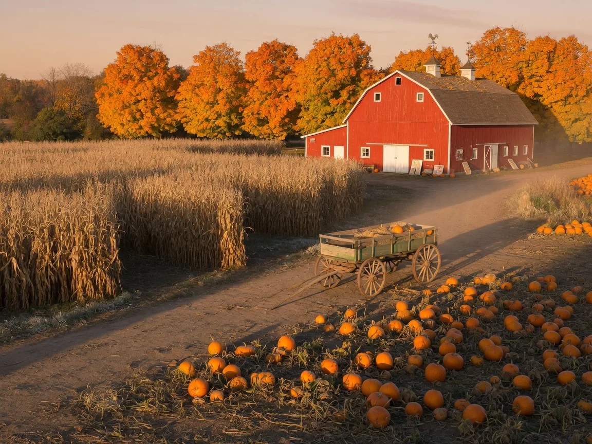 A golden late-October afternoon at a Durham Region farm with a tall corn maze, a pumpkin patch, a red barn and sugar maples in full autumn colour