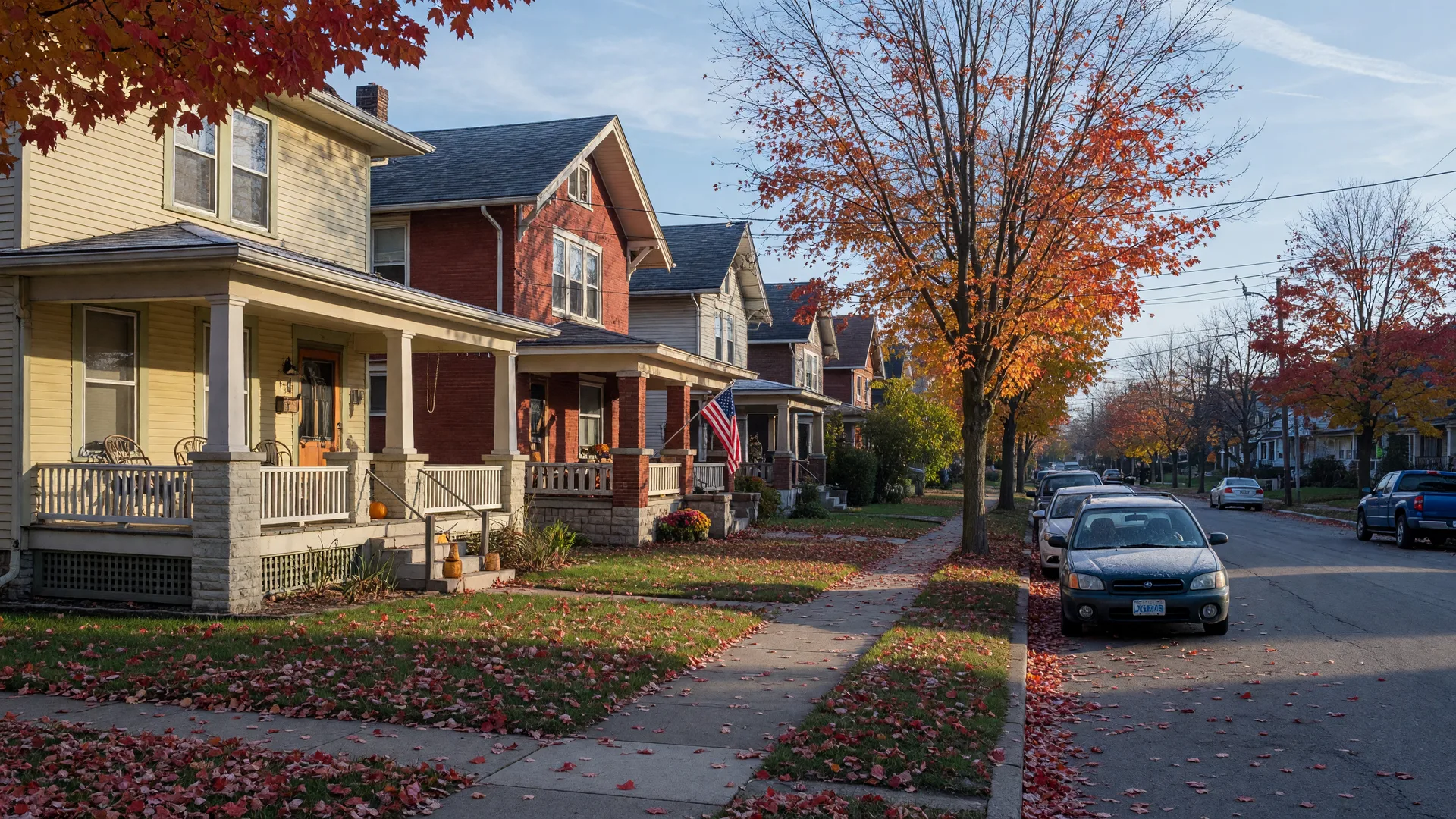 A maple-lined residential street in Northeast Ohio on a crisp autumn morning