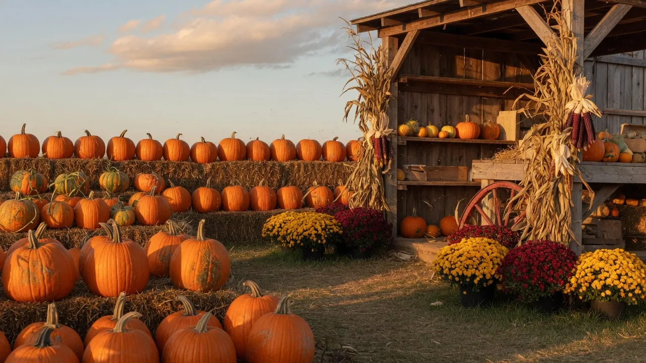 A pumpkin patch and fall farm market display at Maple Acres in Plymouth Meeting, Pennsylvania