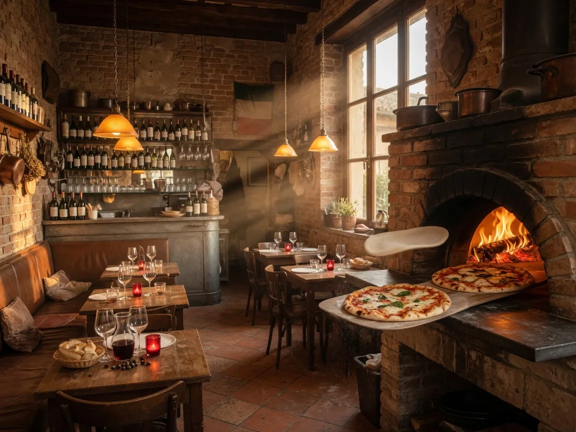 Warm rustic interior of Parma Rustic Tavern in Buford Georgia featuring a glowing brick oven, exposed brick walls, vintage pendant lighting, and cozy leather booths