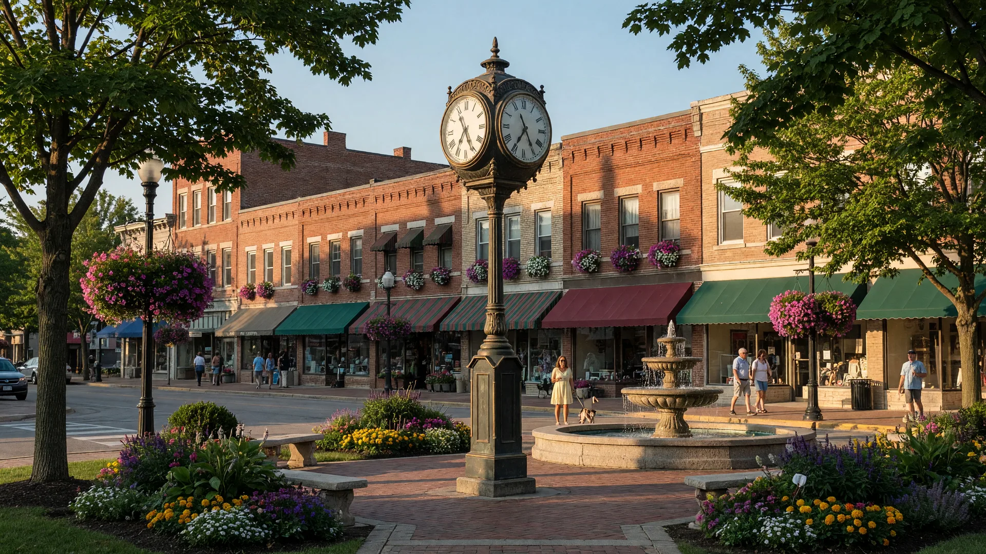 Historic brick storefronts and the Plymouth Clock in Kellogg Park in downtown Plymouth, Michigan