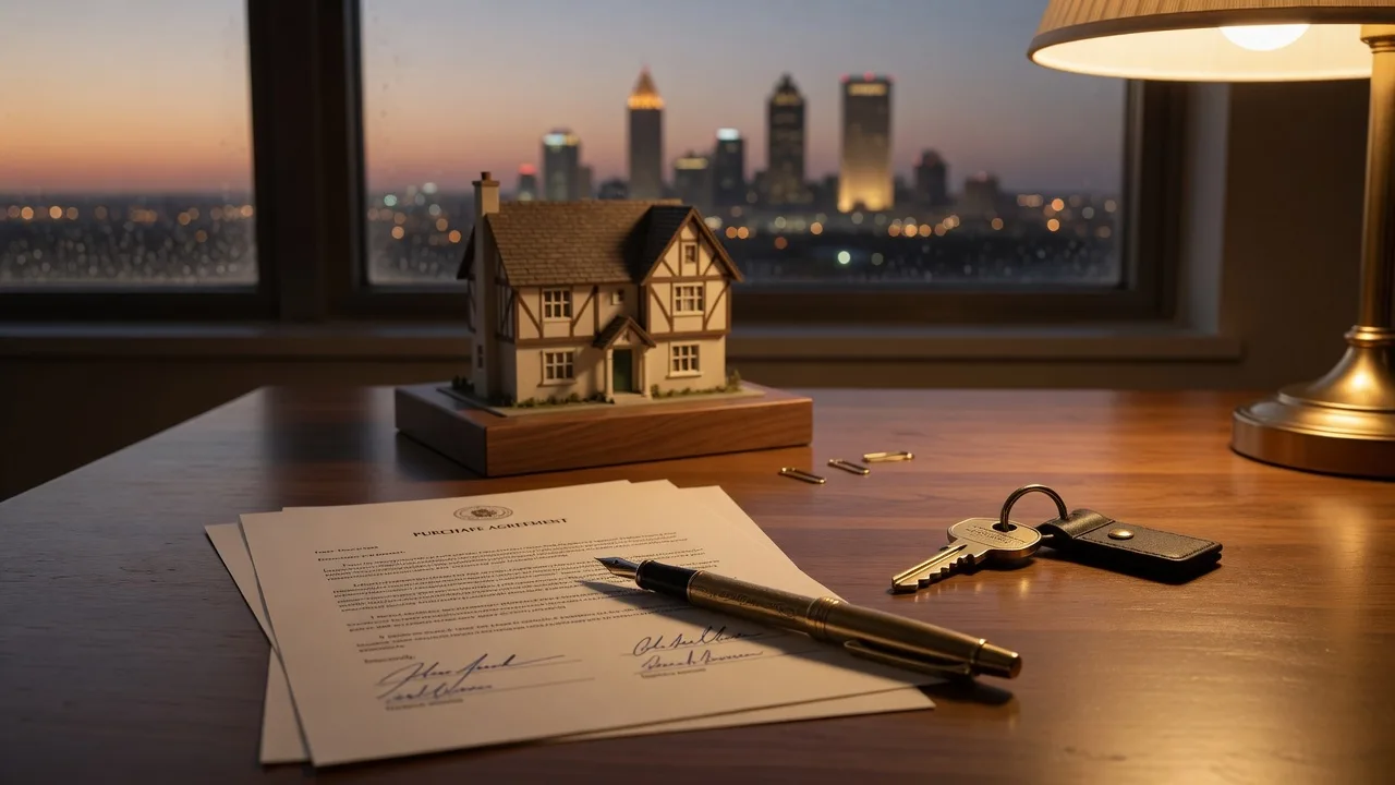 A warm real estate strategy scene at dusk: a signed purchase agreement, brass fountain pen and house key, and a small model home on a walnut desk under golden lamplight