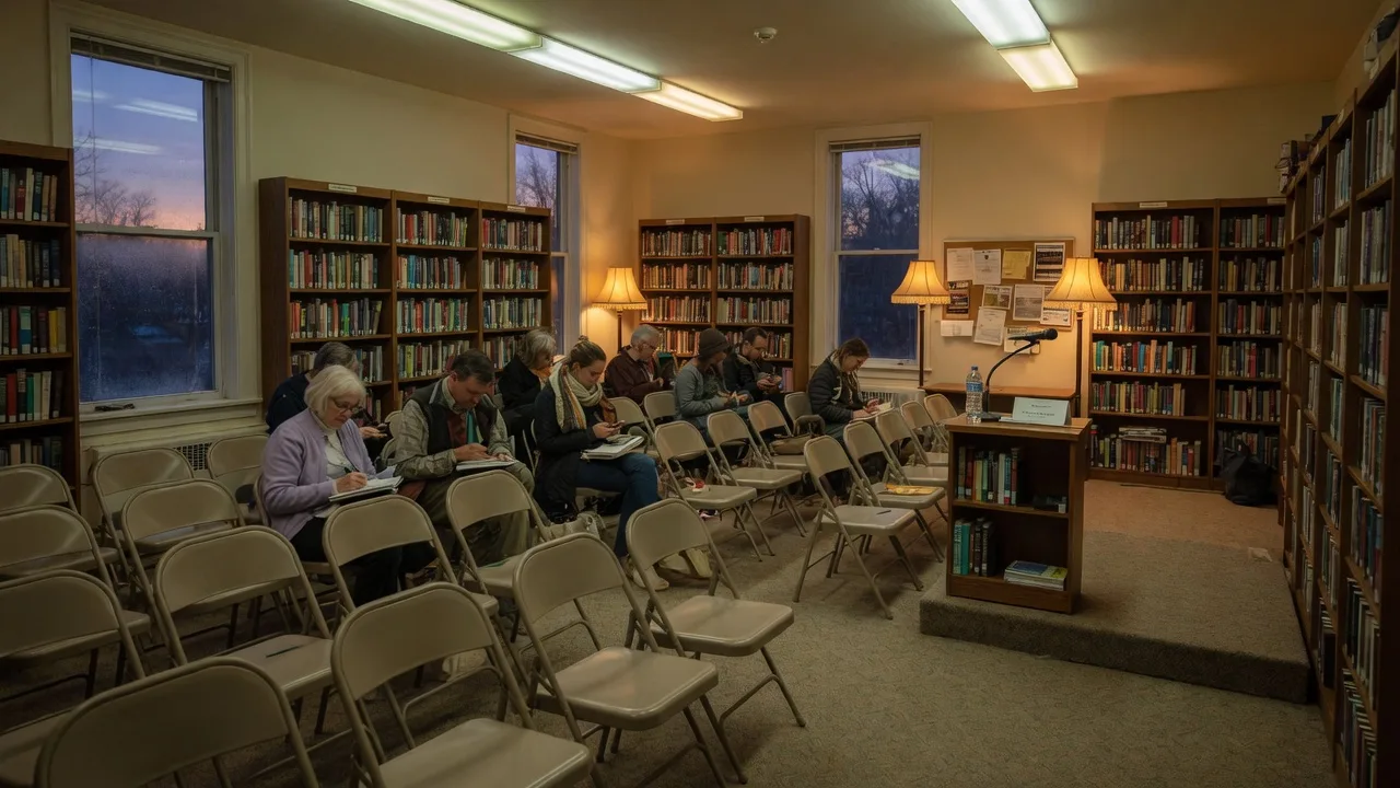A cozy library community room in the early evening, rows of chairs facing a podium, warm lamplight, bookshelves in the background, a small audience settling in for an author talk