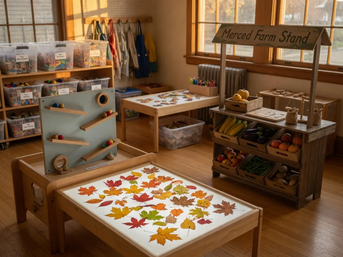 A cozy hands-on children's museum exhibit hall with low wooden play stations, a ball-and-track wall, a light table with translucent autumn leaves, and a pretend farm stand in warm amber afternoon light