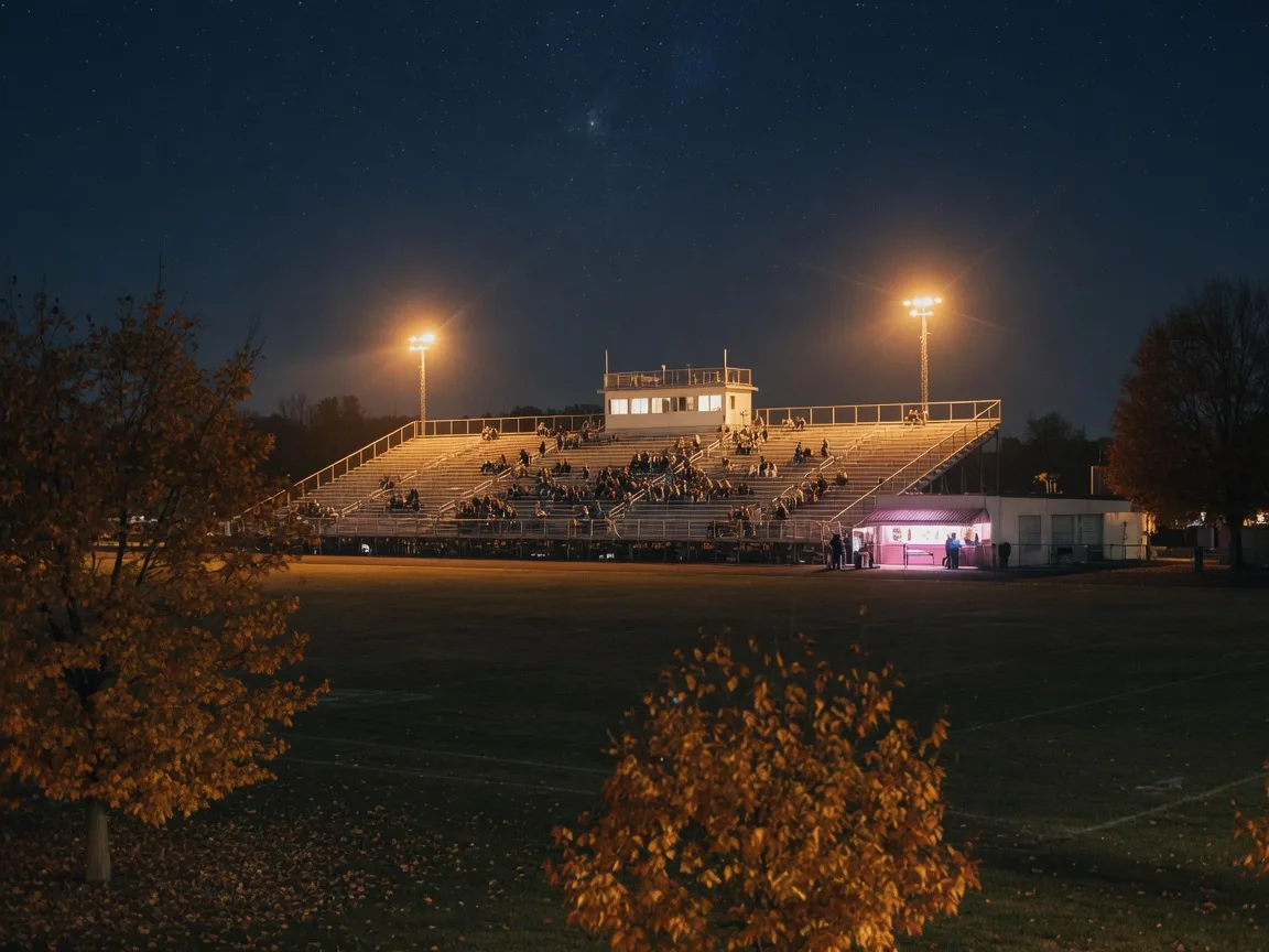 A high school football stadium grandstand glowing under floodlights on a crisp autumn night, with amber trees in the foreground