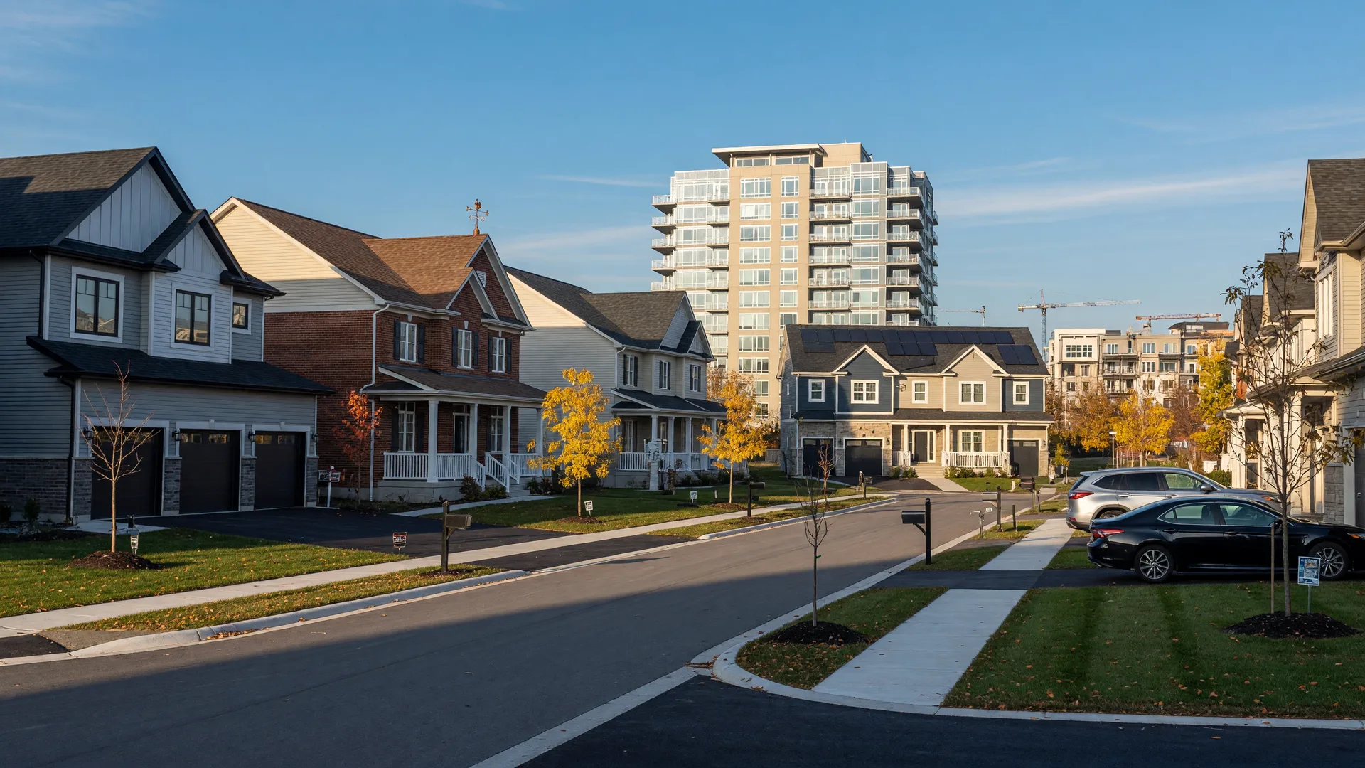 New family homes and a rising condo tower in Windfields, north Oshawa, on a clear October morning