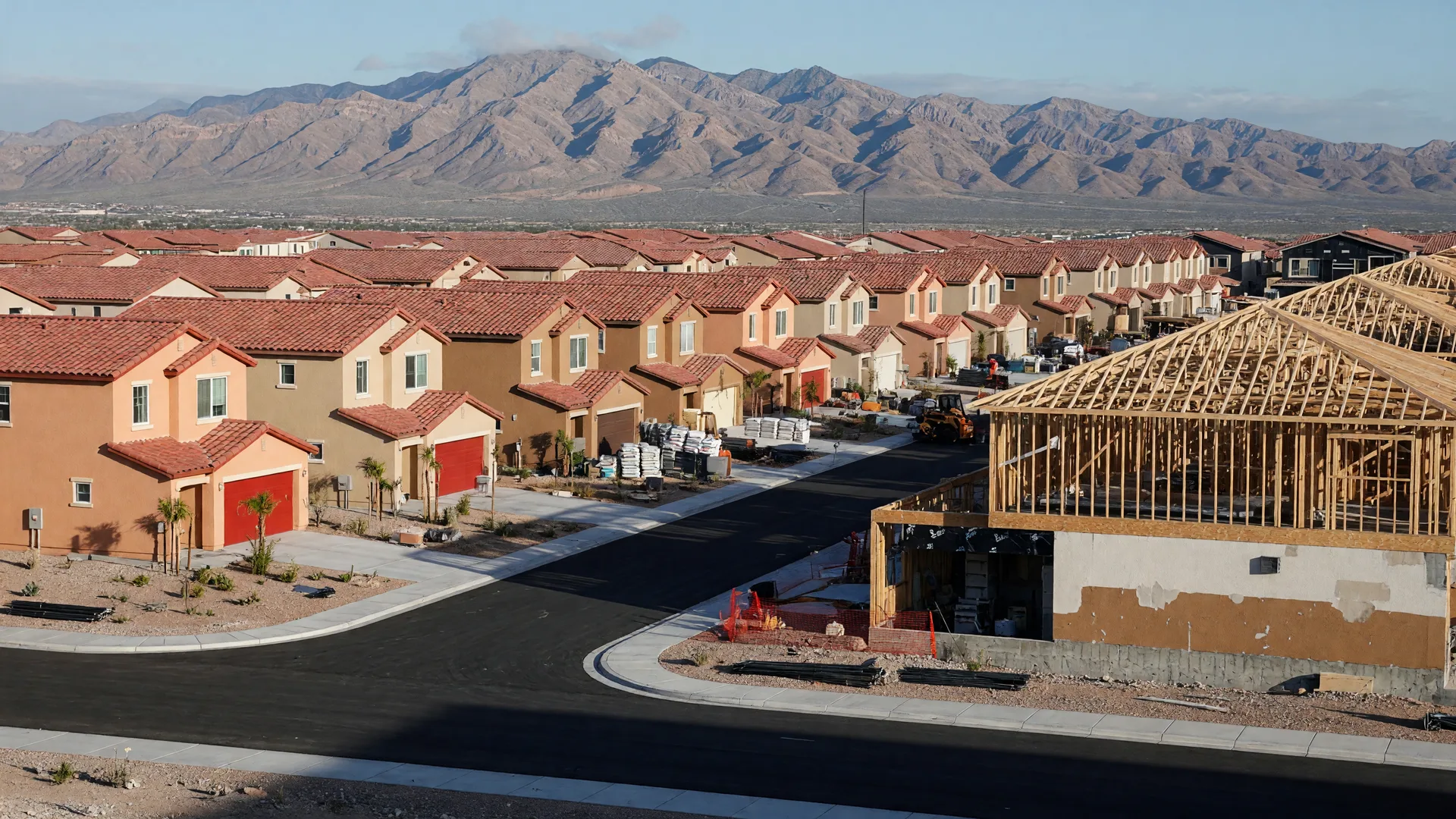 New contemporary homes and a green community park with walking paths in the Cadence master in Henderson in the morning