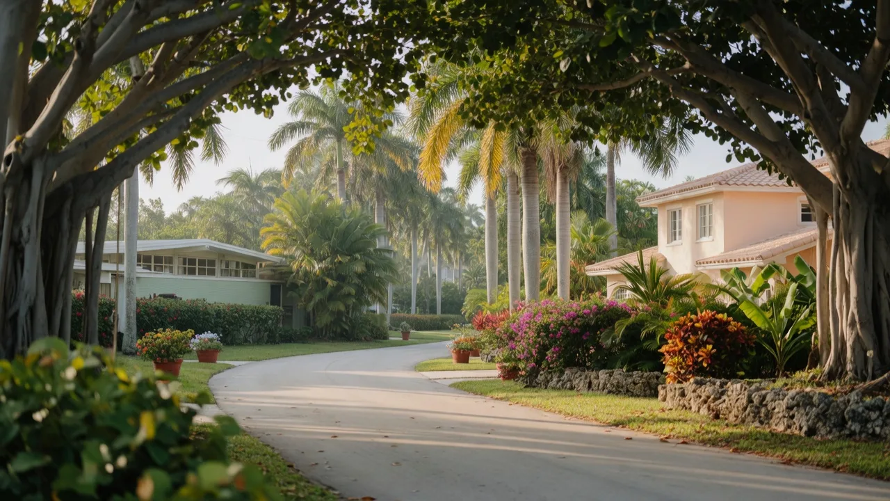 Quiet tree-lined residential street in an upscale East Delray or East Boca neighborhood with mature banyan trees