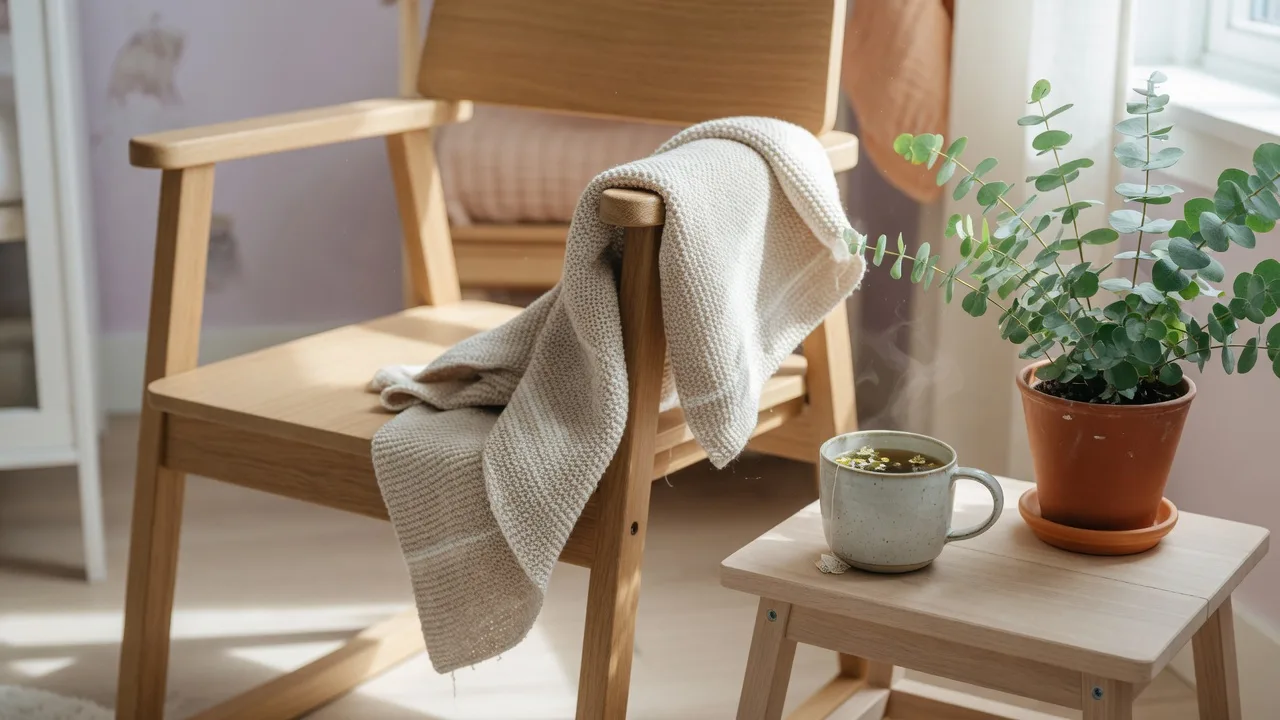 A soft still life of a folded baby blanket over a light oak nursing chair with a mug of tea and eucalyptus in morning light