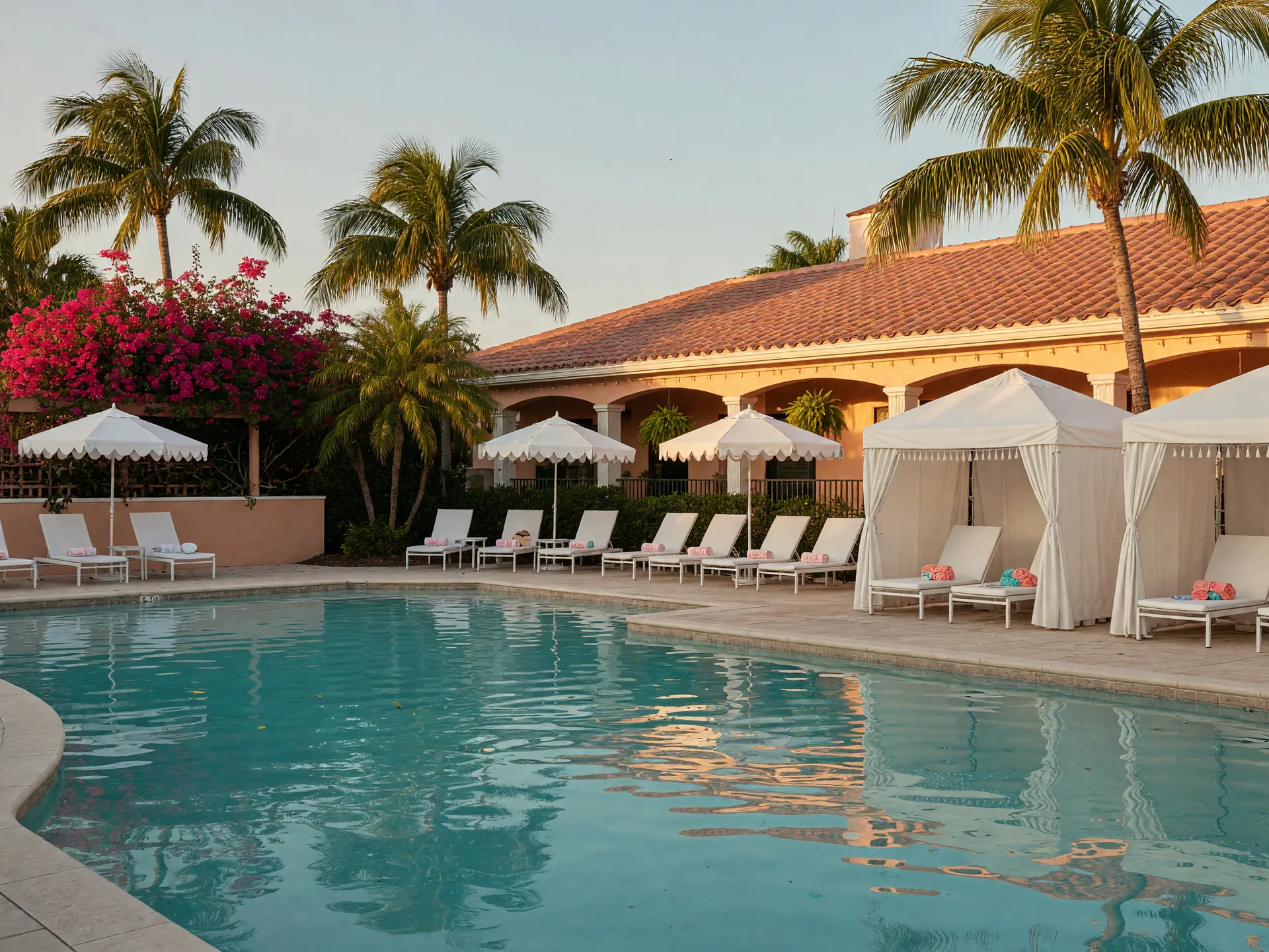 Resort-style pool with cabanas and palms at a Southwest Florida active-adult community in golden light