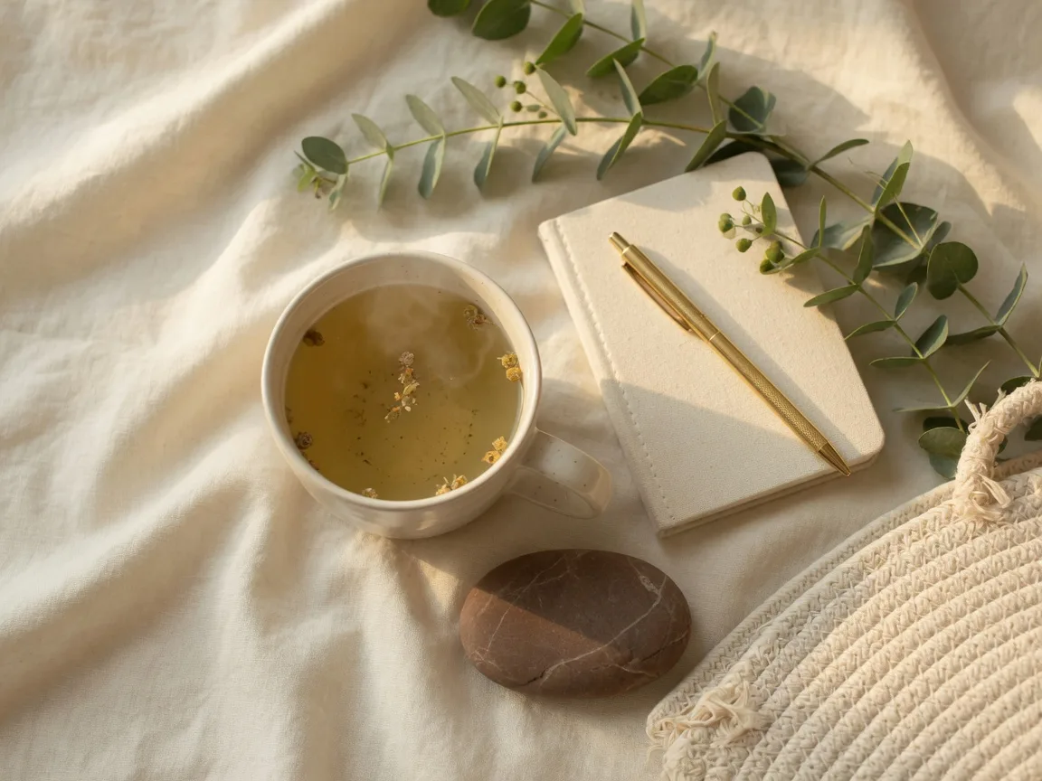 Wellness flatlay with herbal tea, notebook, and eucalyptus on cream linen
