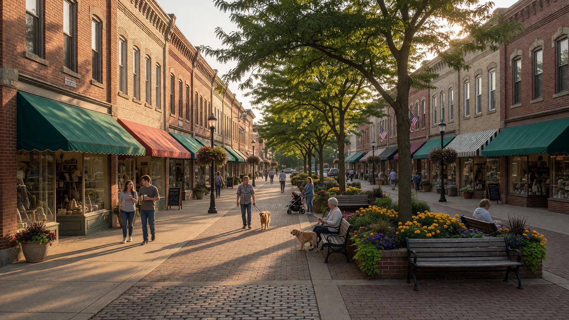 Historic Uptown district in Westerville Ohio with brick storefronts and tree-lined streets at golden hour