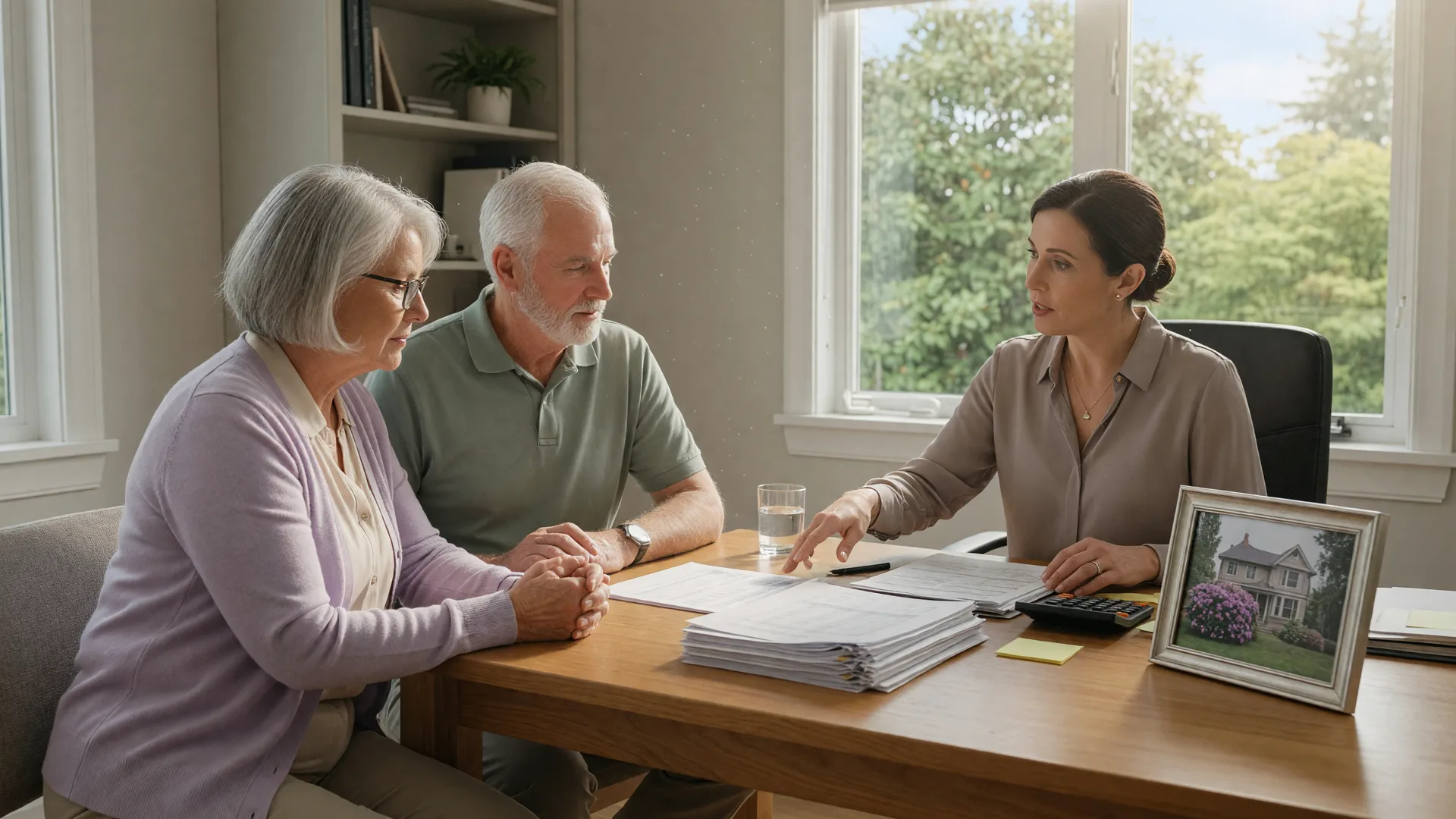 A senior couple reviewing financial documents with an advisor at a desk in a bright Victoria home office, planning for their downsizing transition