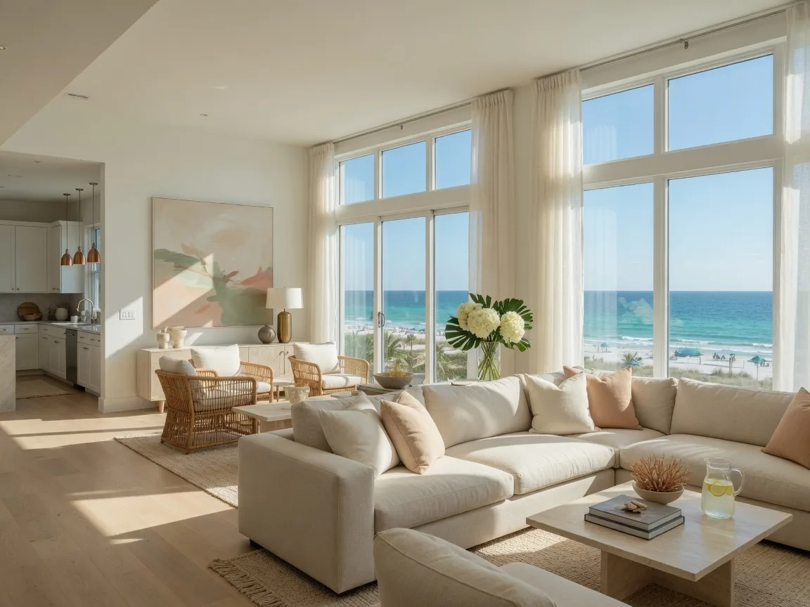 Bright Florida condo interior with floor-to-ceiling windows and coastal views, modern neutral furniture