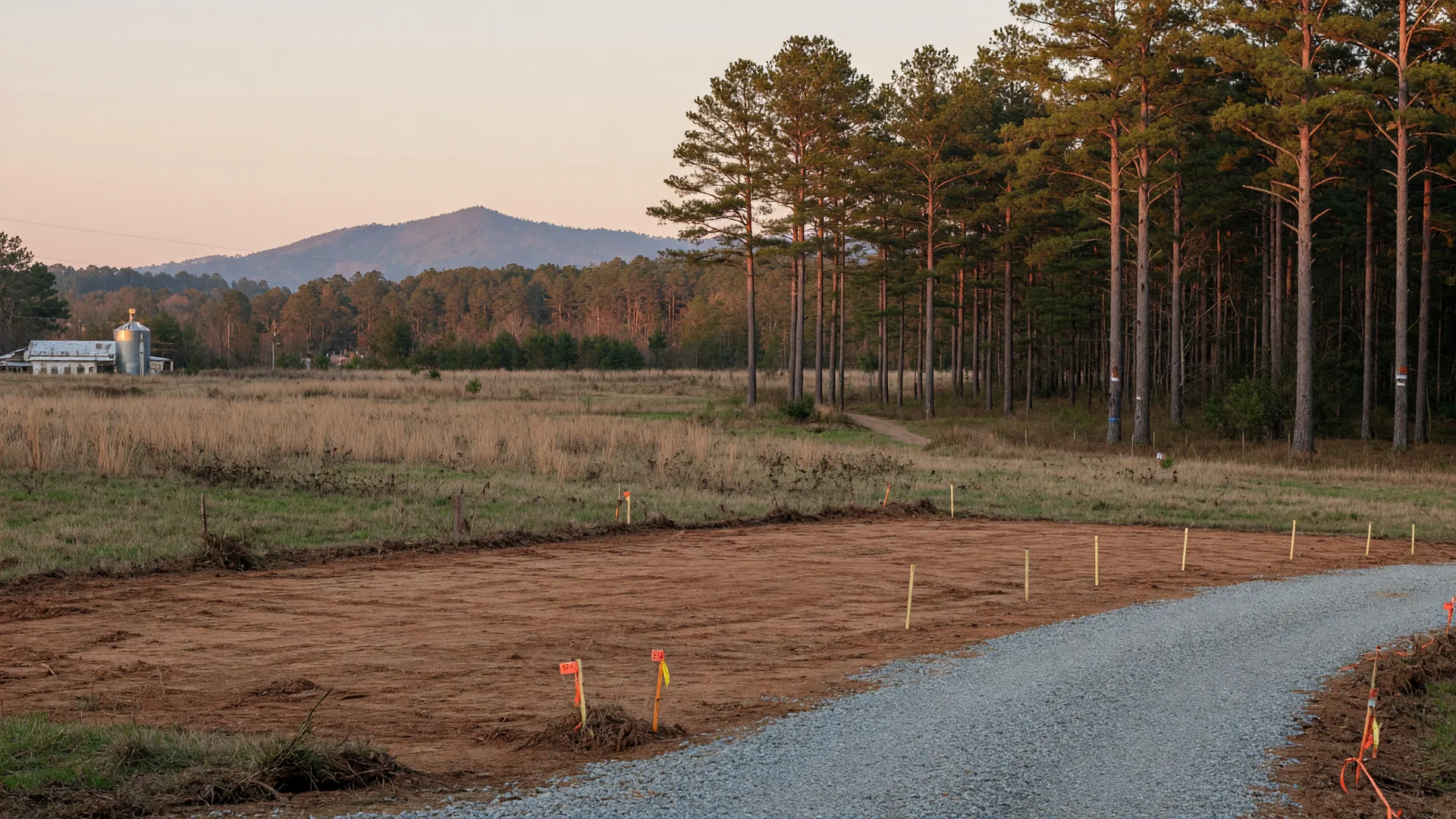 A cleared, graded rural parcel in northeast Georgia on the edge of a small town