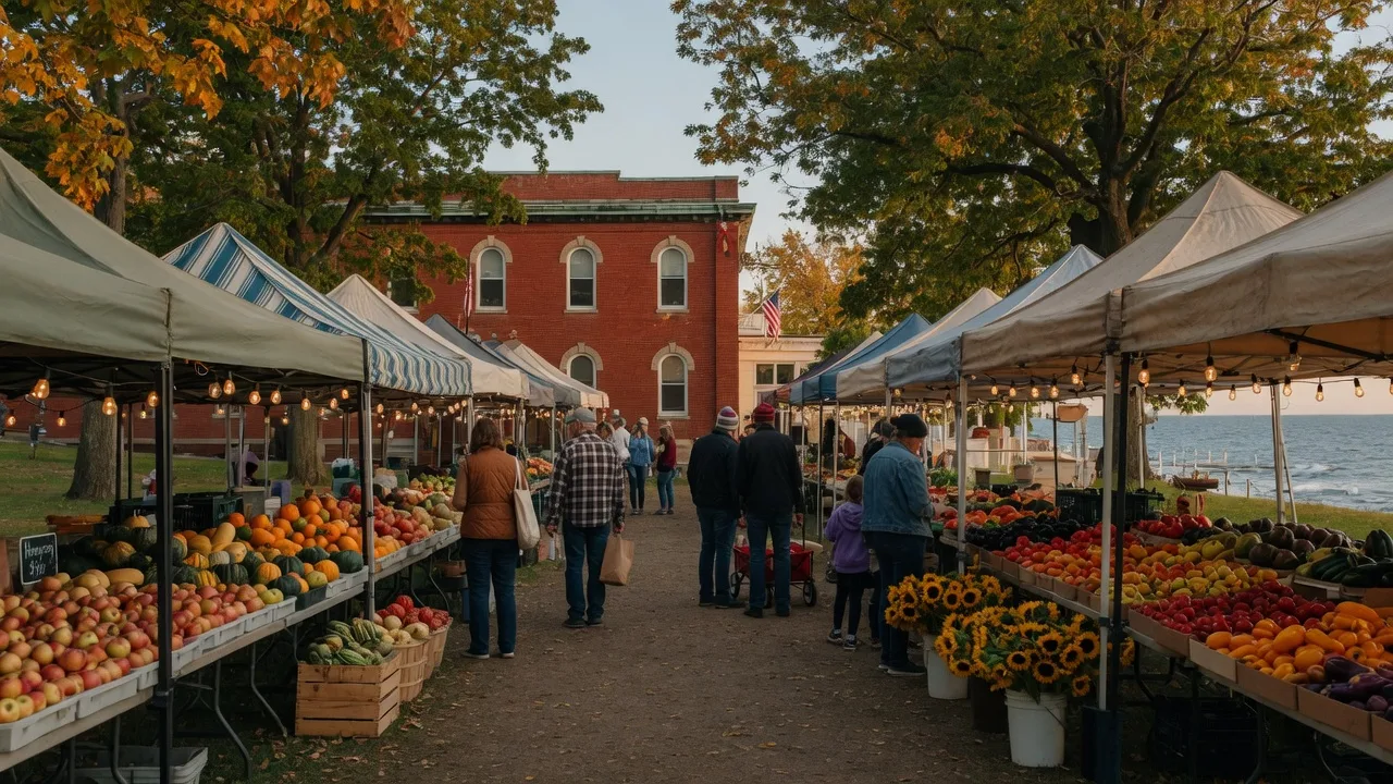 An open-air farmers market in late September with produce crates, vendor stalls, and string lights