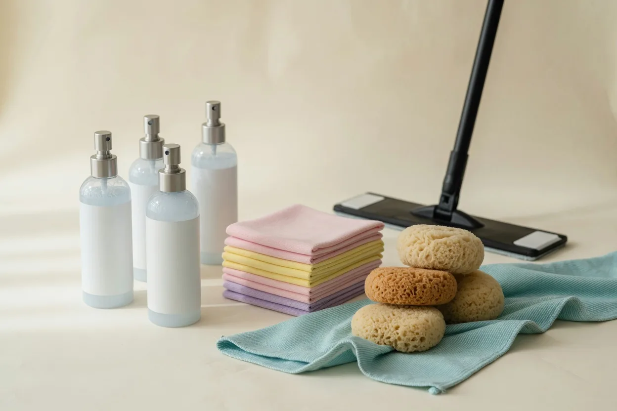 Cleaning supplies for the old and new home, styled as a bright editorial product photograph