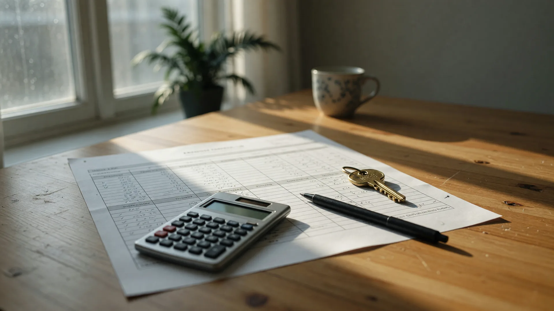 A closing cost worksheet, calculator, pen and brass key on a wooden table by a sunlit window
