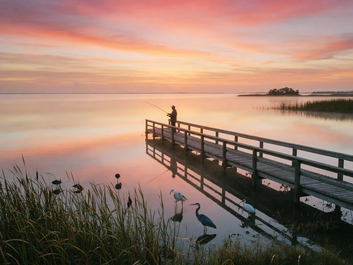 Lake Okeechobee at sunrise, a wooden fishing pier and wide glassy water under a pink-gold sky