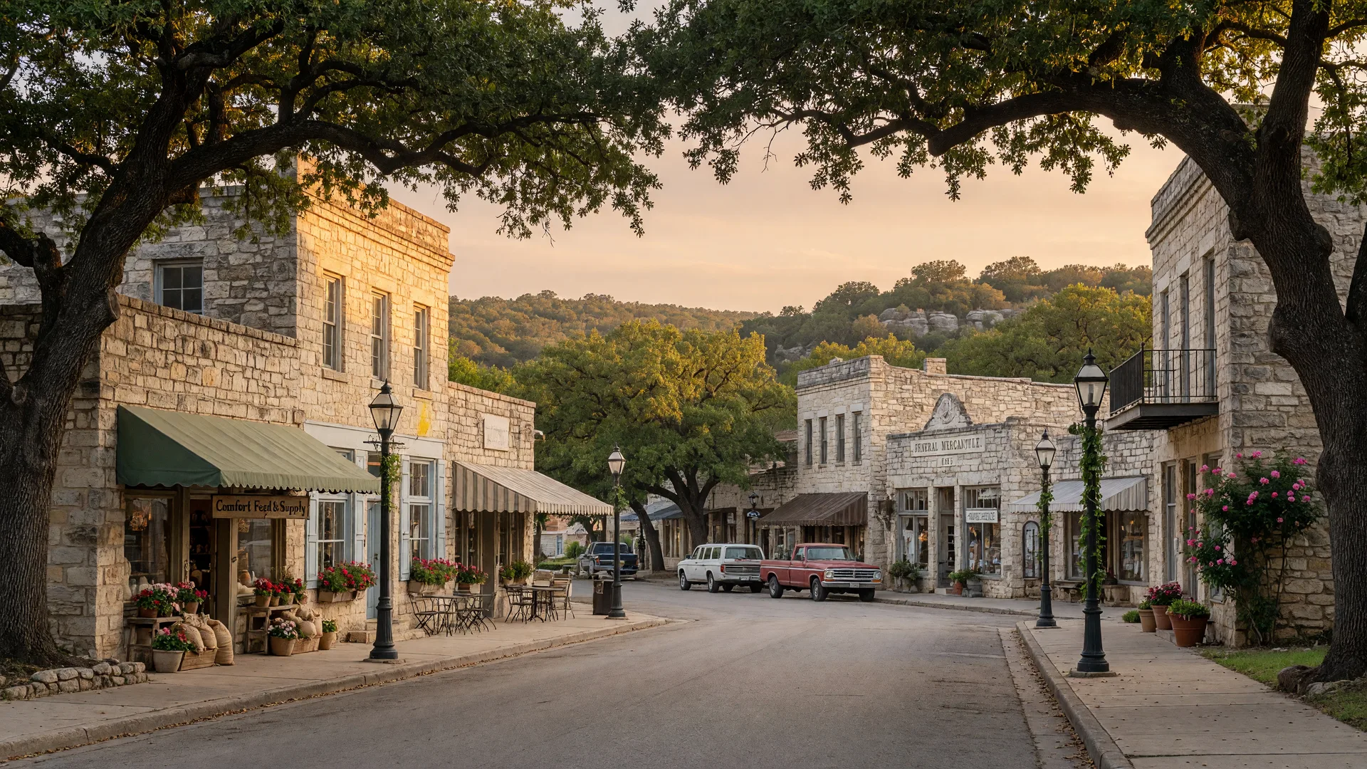 Quiet tree-lined street in historic Comfort, Texas with German-influenced limestone buildings and local shops