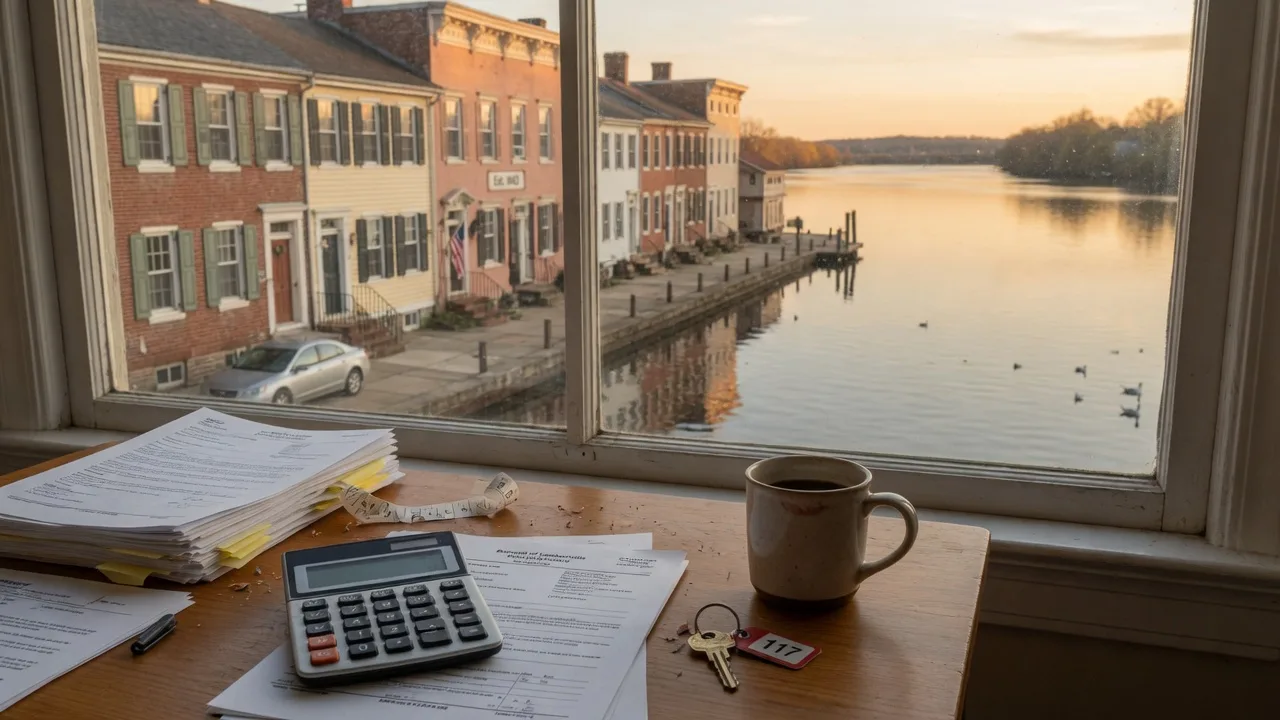 Cost of living planning on a desk with calculator and property tax documents, with historic Delaware Riverfront homes in Beverly NJ visible through the window