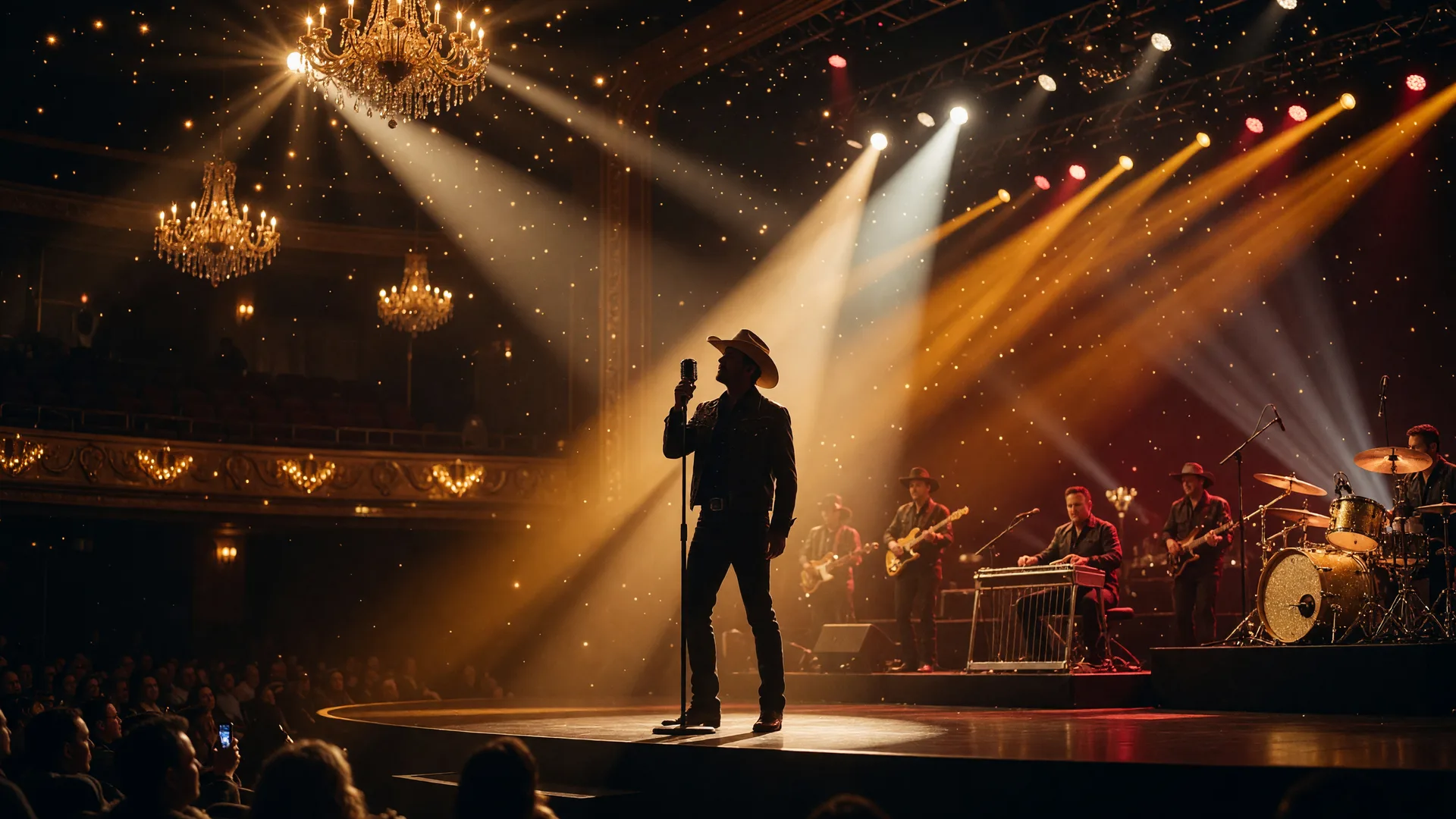 A country singer silhouetted at a microphone on a casino theater stage under warm amber spotlights with a full band behind