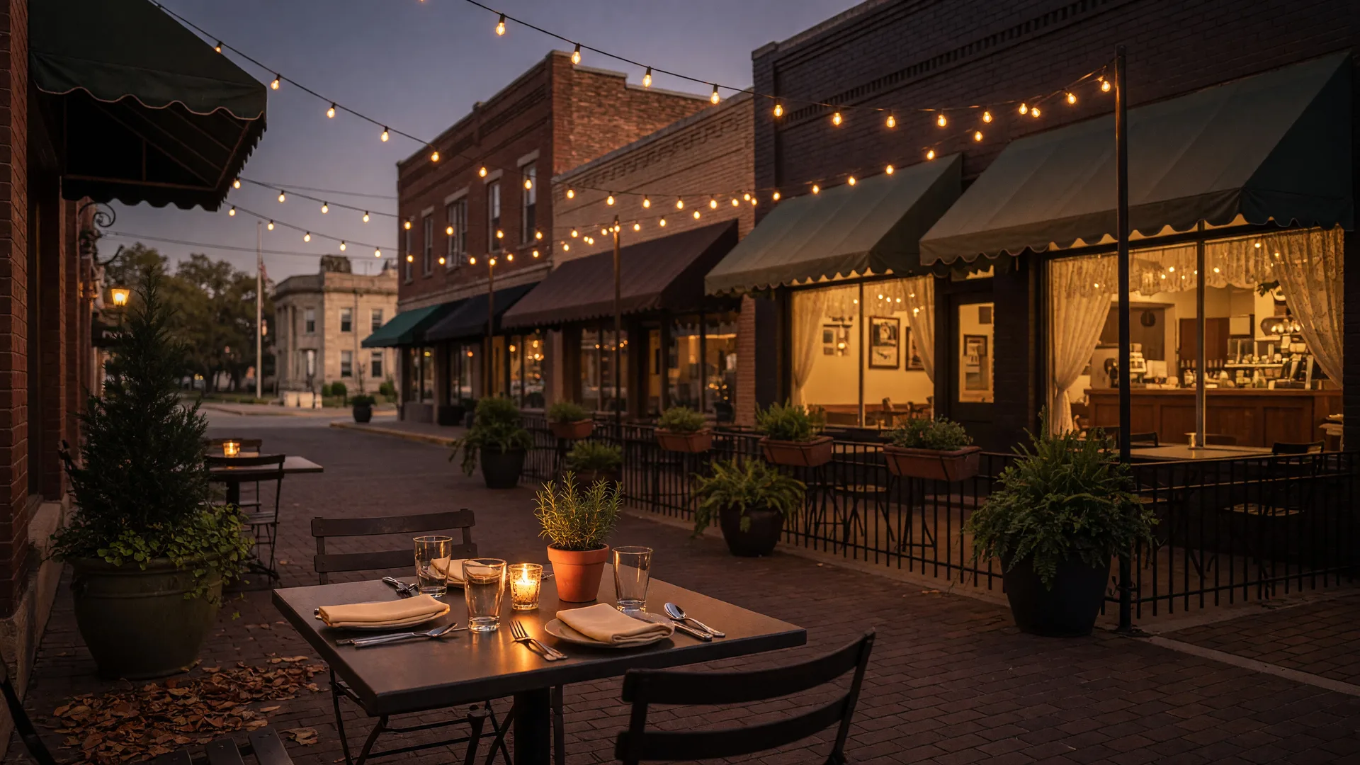 A small Texas town dining street at dusk with historic brick storefronts, string lights, and outdoor patio tables