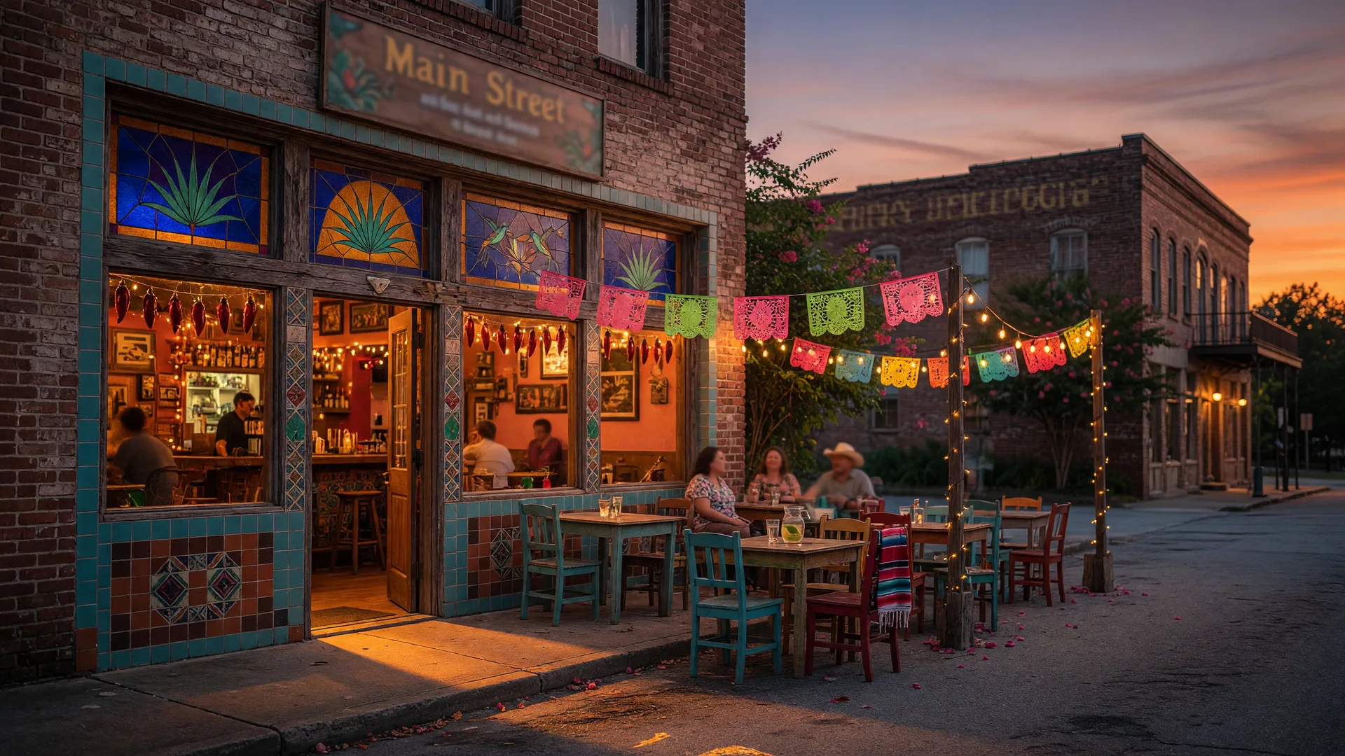 Off The Rails Mexican Cantina on Historic Main Street in downtown Buford Georgia, rustic storefront with string lights