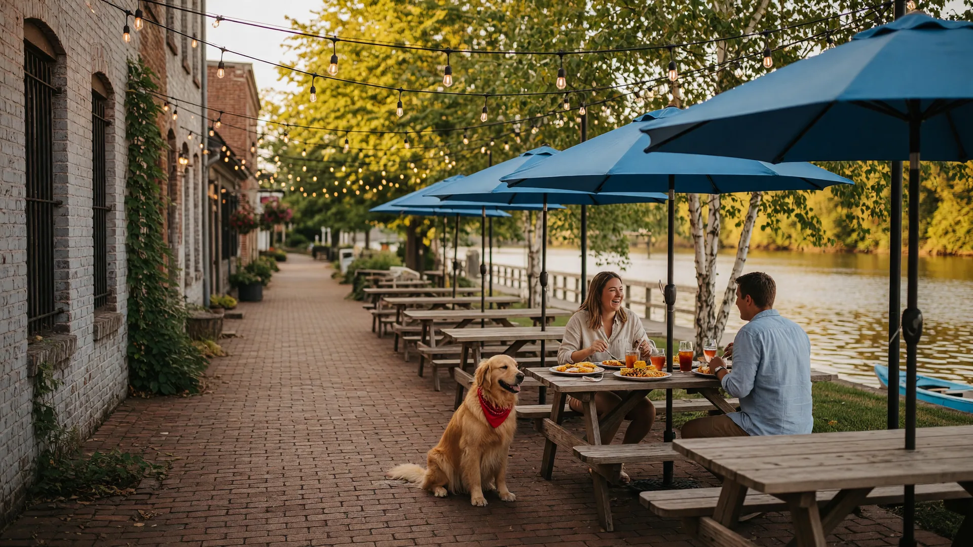 A warm summer evening at a dog-friendly restaurant patio in historic Occoquan, Virginia, with blue umbrellas, string lights, and a golden retriever relaxing beside a table on a brick-paved street
