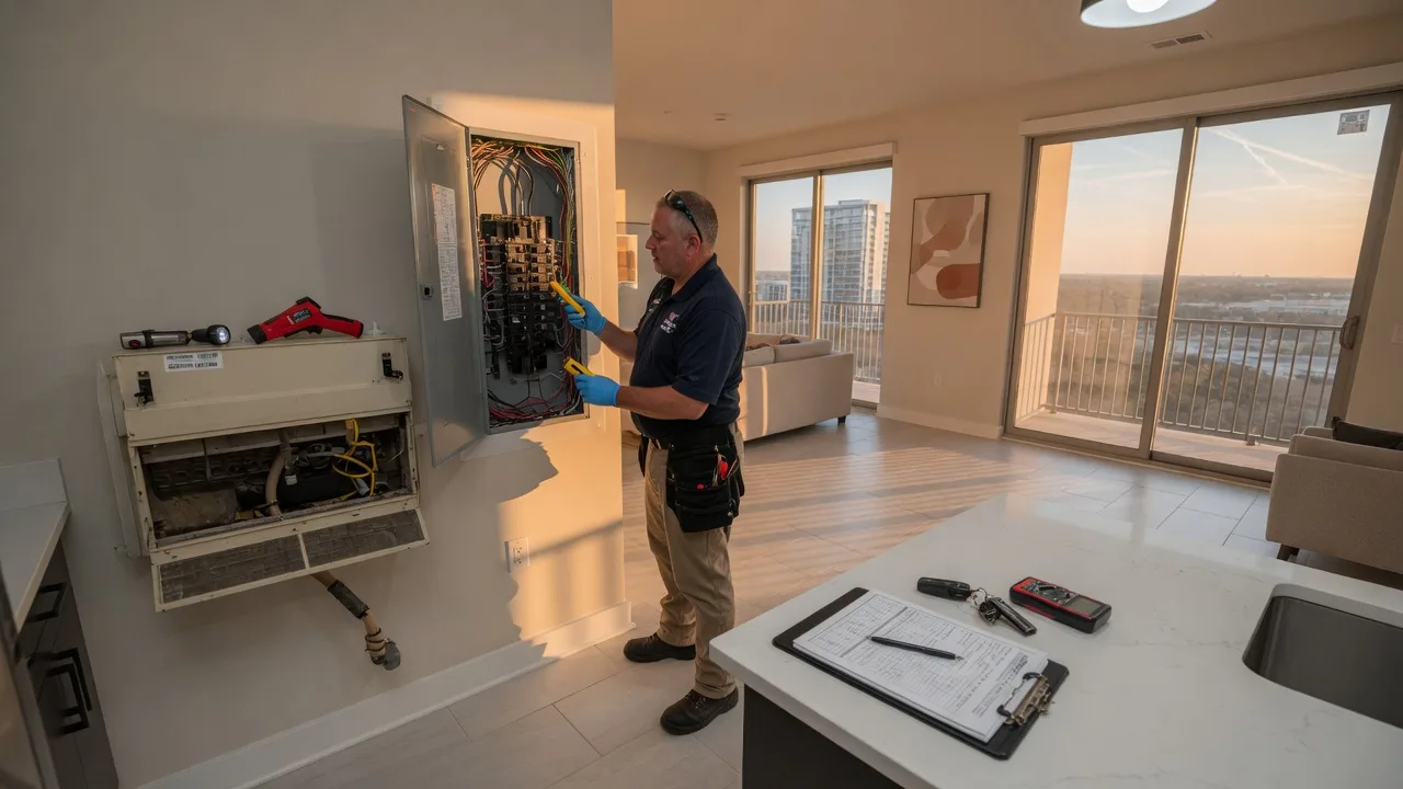 Home inspector examining HVAC and electrical systems inside a Dallas condo unit