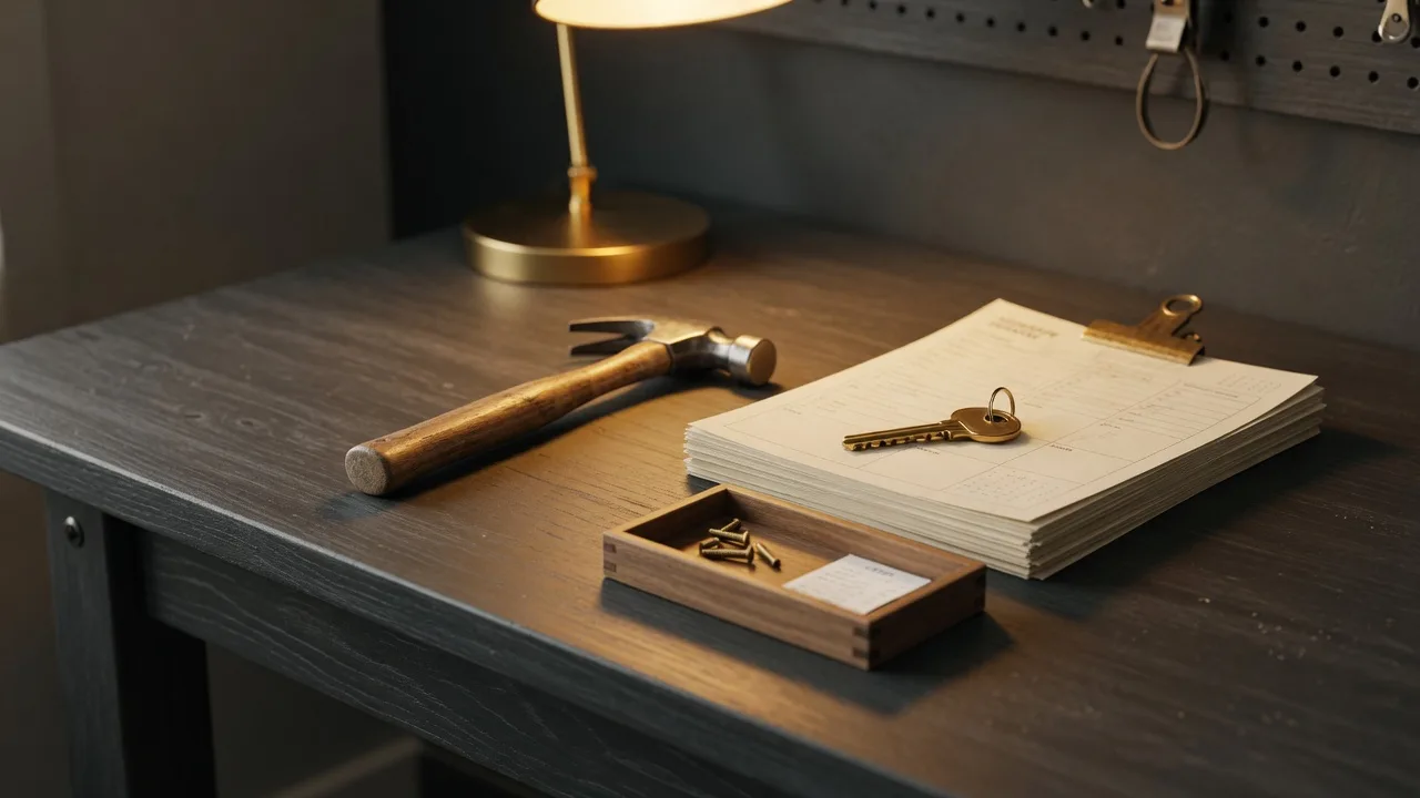 A neat home-maintenance corner with a hammer, a stack of papers, and a brass key on a dark workbench