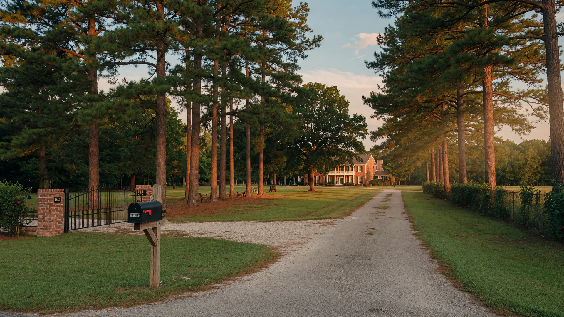 Rural property entrance in Crosby, Texas with tree-lined driveway