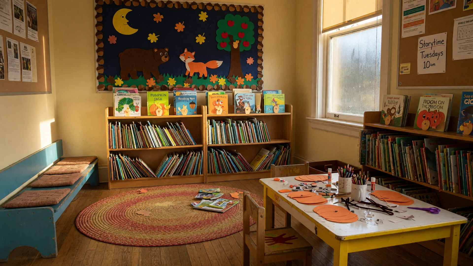 A warm children's storytime corner inside a Merced County public library in October, with a low wooden reading bench, a round area rug, shelves of colorful picture books, a felt-board story scene, and a craft table with paper pumpkins and crayons in golden window light