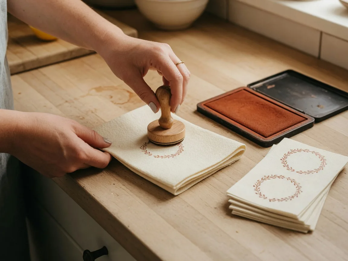 Hands pressing a round wooden rubber stamp onto a folded cream napkin on a kitchen counter, with an ink pad and a small stack of stamped napkins nearby