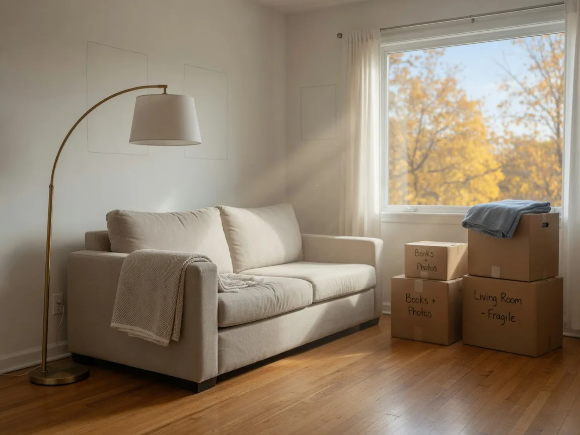 A freshly staged empty-nest living room with a sofa, lamp, and stacked moving boxes near a sunlit window