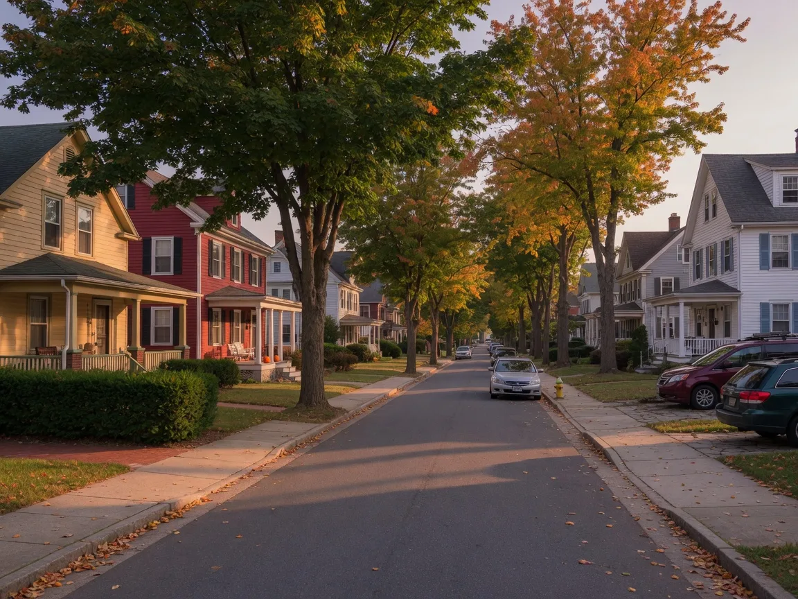 Tree-lined suburban street of single-family homes on a quiet early autumn evening in Prince William County