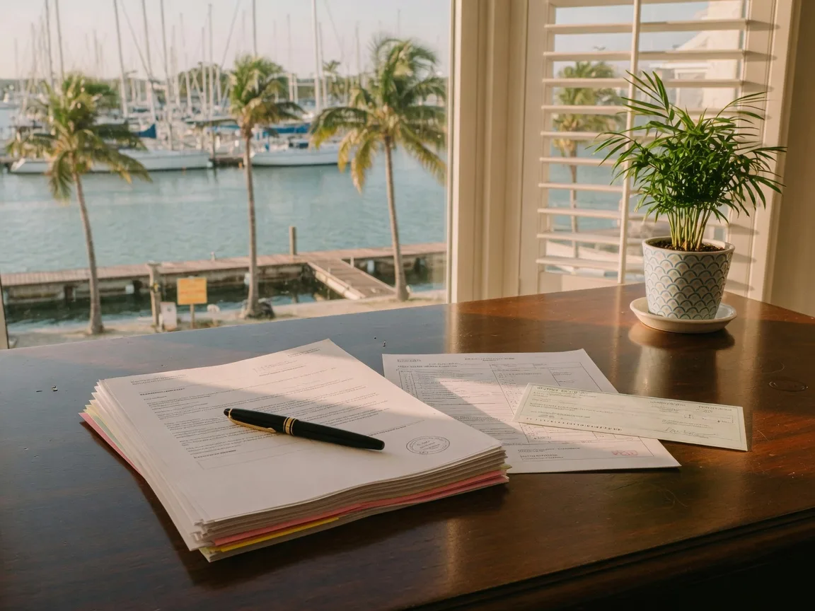 A title company closing table in the Florida Keys at warm afternoon light, a banker's pen and a neat stack of closing documents with a printed wire transfer confirmation and cashier's check on a polished wood desk beside a potted palm, a marina and palm trees softly blurred through the window
