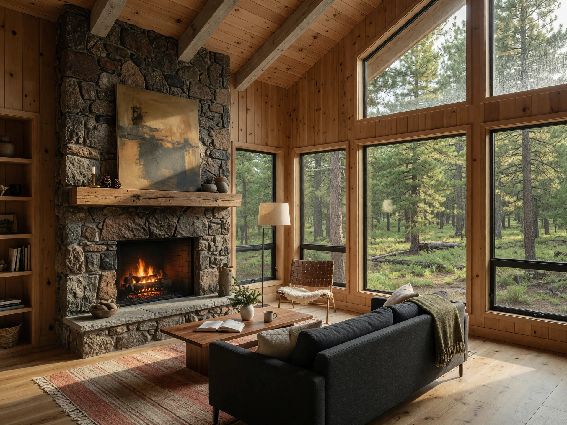 Renovated mountain cabin interior in Sugarloaf with stone fireplace, warm wood, and windows framing pine forest views